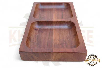 Wooden Dry Fruit Tray | Acacia Wood 2 Section Snack Serving Tray | Nuts, Namkeen, Dips & Appetizer Platter | Small Wooden Serving Plate 22.86 x 12.7 cm