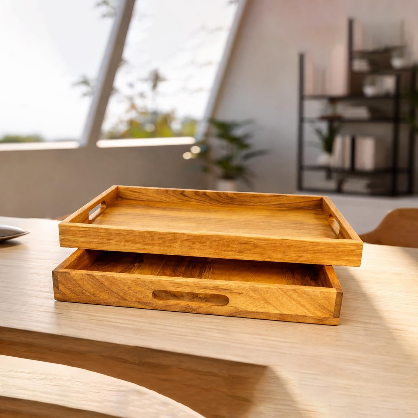 Wooden Serving Tray Set of 2 (Large & Small) – with Handles – Breakfast, Coffee Table, Kitchen & Ottoman Serving Platter