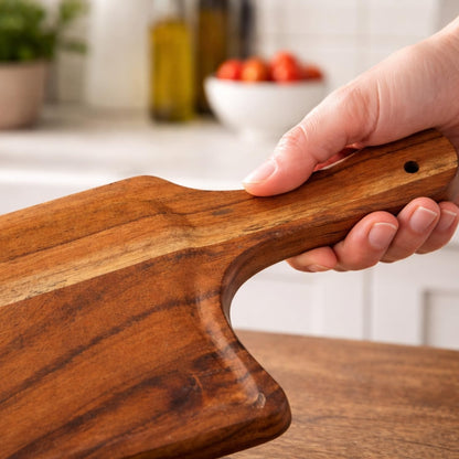 Large Acacia Wood Serving Tray with Handle – Wooden Burger Fries Platter, Food Safe Rustic Serving Board for Snacks, Appetizers & Bread, Kitchen Café Restaurant Use (30.5 × 14 × 1.5 cm)