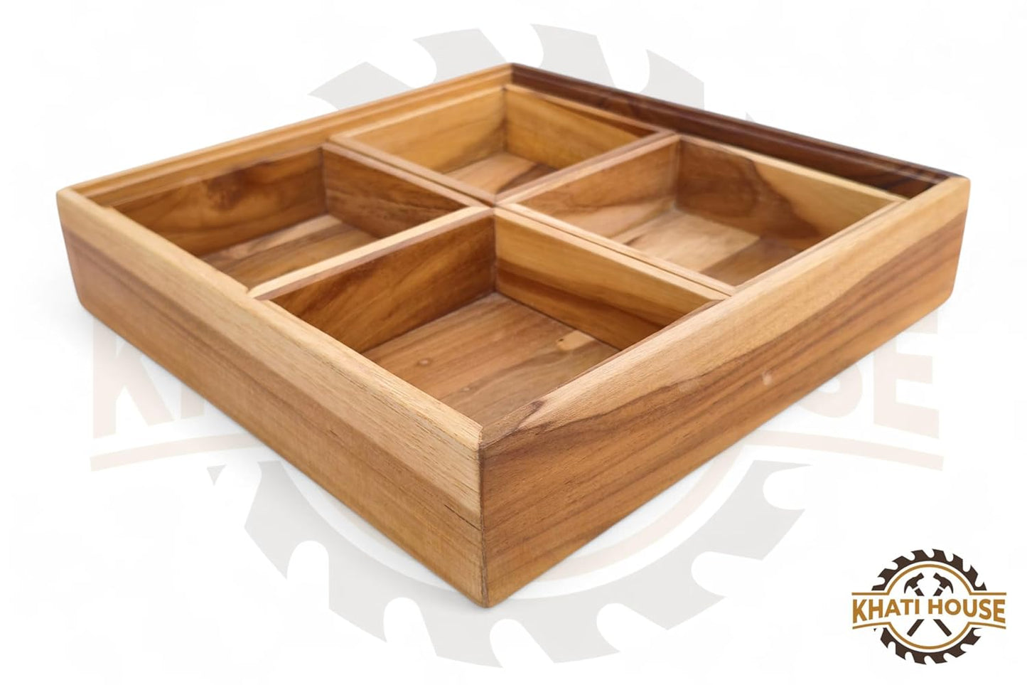 Acacia Wood Snack Serving Tray with 4 Compartments, Wooden Dry Fruit Box Organizer, Multipurpose Sectional Platter for Nuts, Snacks, Mukhwas, Candy | Kitchen Dining Table Organizer