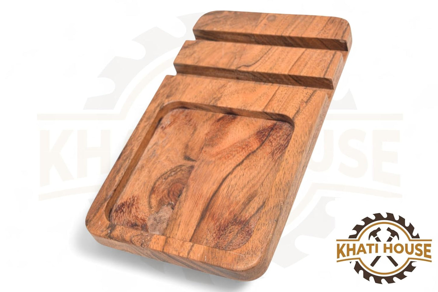 Wooden Desk Organizer with Mobile Stand – Mango Wood Office Desk Organiser Tray for Phone, Keys, Wallet & Accessories | Handcrafted Desktop Storage Holder for Home & Office