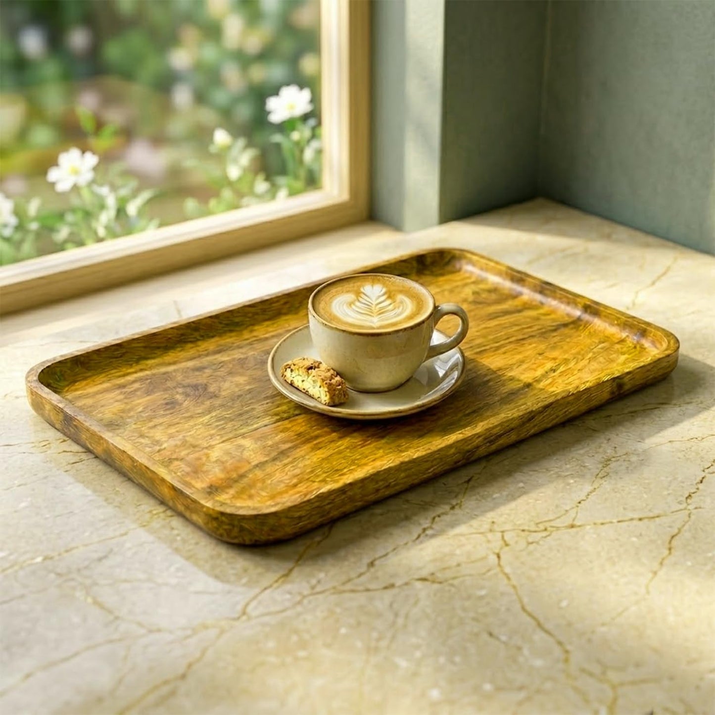 Wooden Serving Tray for Kitchen & Dining | 24.5 x 16 Cm | Multipurpose Food Serving Platter with Anti-Skid Pads
