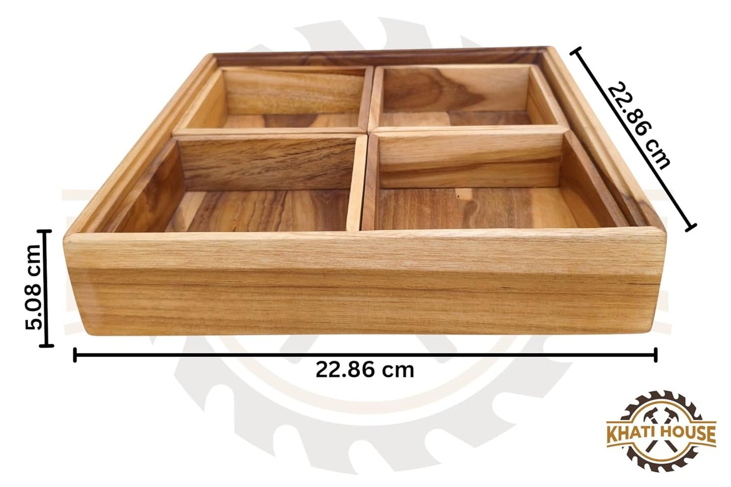 Acacia Wood Snack Serving Tray with 4 Compartments, Wooden Dry Fruit Box Organizer, Multipurpose Sectional Platter for Nuts, Snacks, Mukhwas, Candy | Kitchen Dining Table Organizer