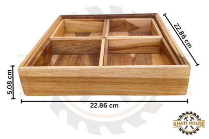 Acacia Wood Snack Serving Tray with 4 Compartments, Wooden Dry Fruit Box Organizer, Multipurpose Sectional Platter for Nuts, Snacks, Mukhwas, Candy | Kitchen Dining Table Organizer