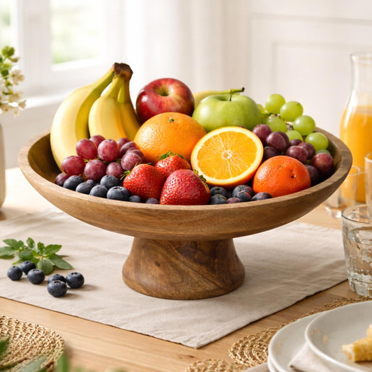 Wood Fruit Bowl 12-inch | Decorative Pedestal Bowl for Table Décor, Kitchen Counter, Farmhouse Centerpiece