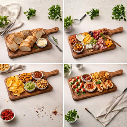 Large Acacia Wood Serving Tray with Handle – Wooden Burger Fries Platter, Food Safe Rustic Serving Board for Snacks, Appetizers & Bread, Kitchen Café Restaurant Use (30.5 × 14 × 1.5 cm)