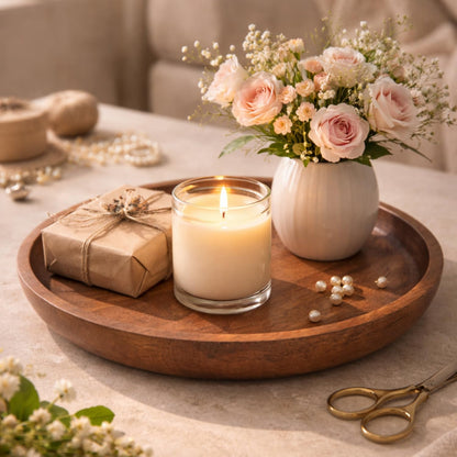 Decorative Round Wood Tray, Wood Serving Tray for Kitchen, Dining Room, Coffee Table & Home Decor