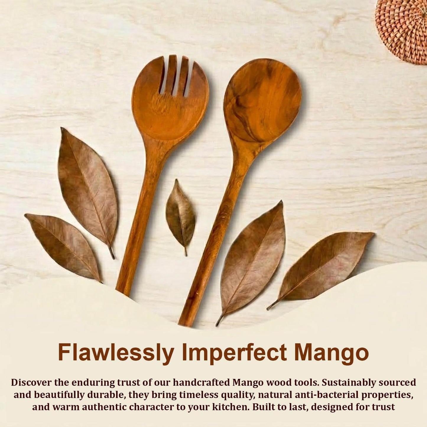 Wood Cooking Spoon Set of 2 – Acacia Wooden Spoon & Slotted Spoon for Cooking 29 x 6.5 cm Long Handle | Non-Toxic, Heat Resistant, Eco-Friendly Kitchen Utensils