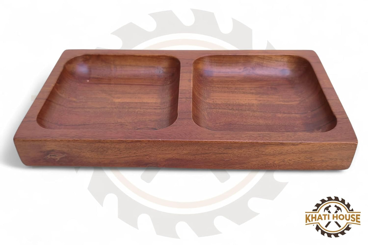 Wooden Dry Fruit Tray | Acacia Wood 2 Section Snack Serving Tray | Nuts, Namkeen, Dips & Appetizer Platter | Small Wooden Serving Plate 22.86 x 12.7 cm