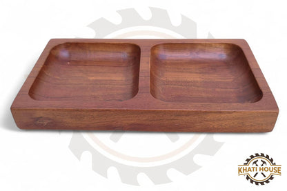 Wooden Dry Fruit Tray | Acacia Wood 2 Section Snack Serving Tray | Nuts, Namkeen, Dips & Appetizer Platter | Small Wooden Serving Plate 22.86 x 12.7 cm