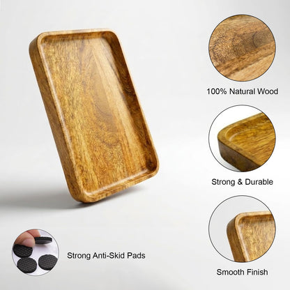 Wooden Serving Tray for Kitchen & Dining | 24.5 x 16 Cm | Multipurpose Food Serving Platter with Anti-Skid Pads