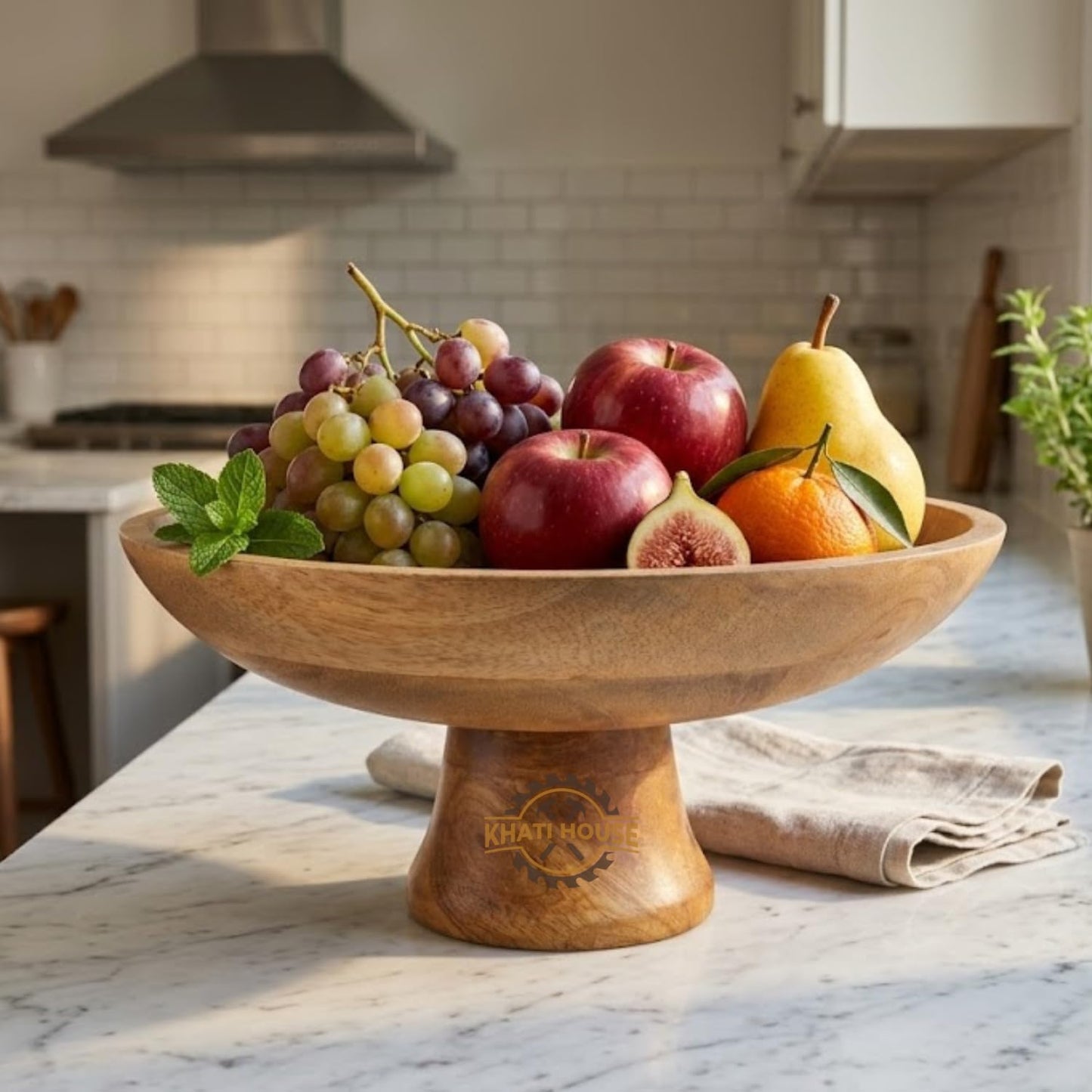 Wood Fruit Bowl 12-inch | Decorative Pedestal Bowl for Table Décor, Kitchen Counter, Farmhouse Centerpiece