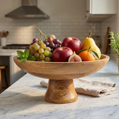 Wood Fruit Bowl 12-inch | Decorative Pedestal Bowl for Table Décor, Kitchen Counter, Farmhouse Centerpiece