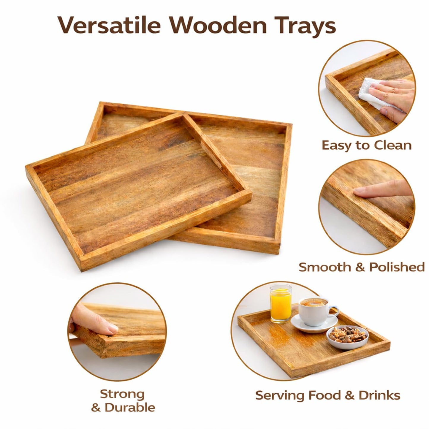 Wooden Serving Tray Set of 2 (Large & Small) – with Handles – Breakfast, Coffee Table, Kitchen & Ottoman Serving Platter