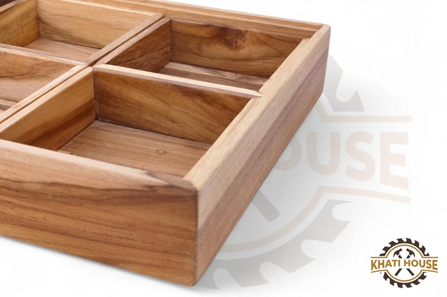 Acacia Wood Snack Serving Tray with 4 Compartments, Wooden Dry Fruit Box Organizer, Multipurpose Sectional Platter for Nuts, Snacks, Mukhwas, Candy | Kitchen Dining Table Organizer