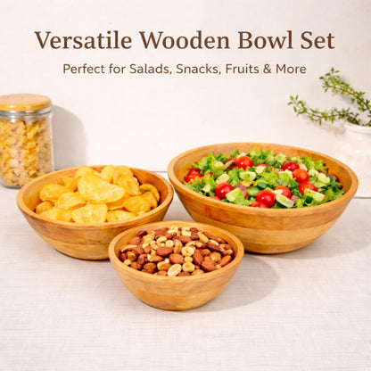 Wooden Bowl Set of 3 – Large Salad Bowl, Medium & Small Serving Bowls | Eco-Friendly Kitchen Serving Bowls for Dining & Home