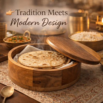 Handcrafted Premium Finish Roti Casserole for Kitchen | Mango Wood Hotcase for roti | Chapati Box | Round Hot Pot, Roti Dabba with Lid
