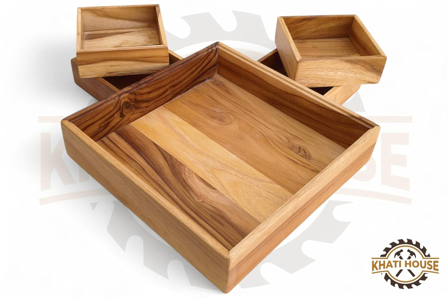 Acacia Wood Snack Serving Tray with 4 Compartments, Wooden Dry Fruit Box Organizer, Multipurpose Sectional Platter for Nuts, Snacks, Mukhwas, Candy | Kitchen Dining Table Organizer