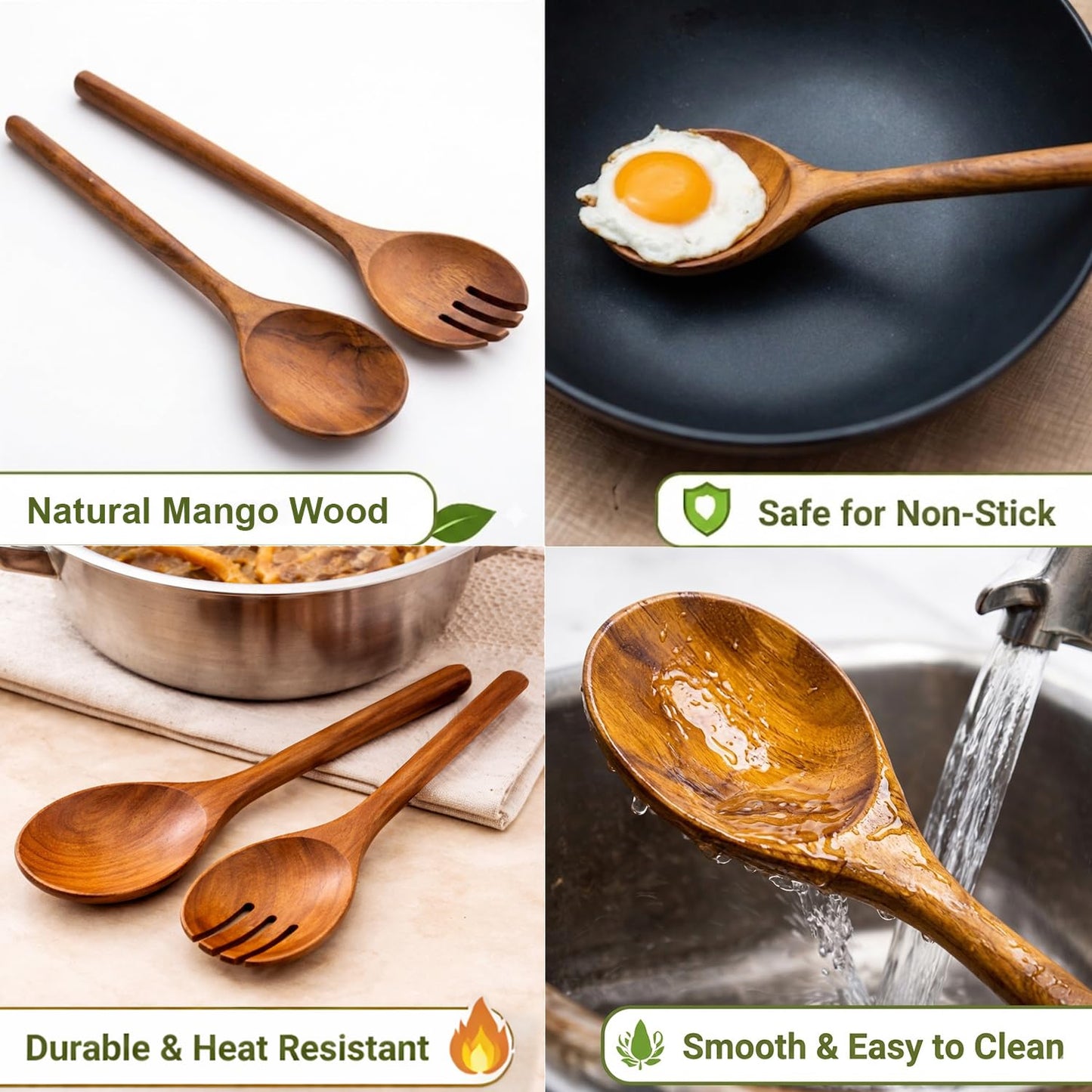 Wood Cooking Spoon Set of 2 – Acacia Wooden Spoon & Slotted Spoon for Cooking 29 x 6.5 cm Long Handle | Non-Toxic, Heat Resistant, Eco-Friendly Kitchen Utensils