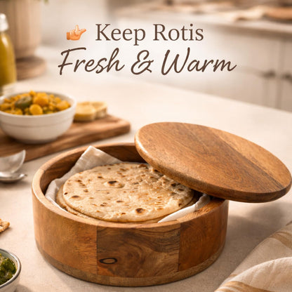 Handcrafted Premium Finish Roti Casserole for Kitchen | Mango Wood Hotcase for roti | Chapati Box | Round Hot Pot, Roti Dabba with Lid