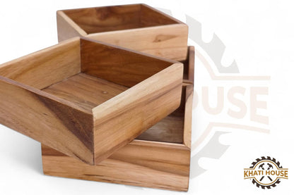 Acacia Wood Snack Serving Tray with 4 Compartments, Wooden Dry Fruit Box Organizer, Multipurpose Sectional Platter for Nuts, Snacks, Mukhwas, Candy | Kitchen Dining Table Organizer