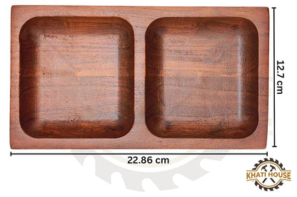 Wooden Dry Fruit Tray | Acacia Wood 2 Section Snack Serving Tray | Nuts, Namkeen, Dips & Appetizer Platter | Small Wooden Serving Plate 22.86 x 12.7 cm