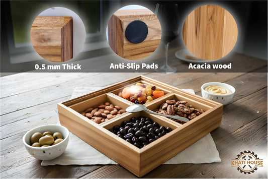 Acacia Wood Snack Serving Tray with 4 Compartments, Wooden Dry Fruit Box Organizer, Multipurpose Sectional Platter for Nuts, Snacks, Mukhwas, Candy | Kitchen Dining Table Organizer