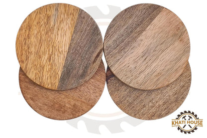 Wooden Tea Coasters Set of 4, Round, 9.5 cm, 5 mm Thick, with Anti-Slip Pads, for Cups, Glasses & Mugs, Table Protection