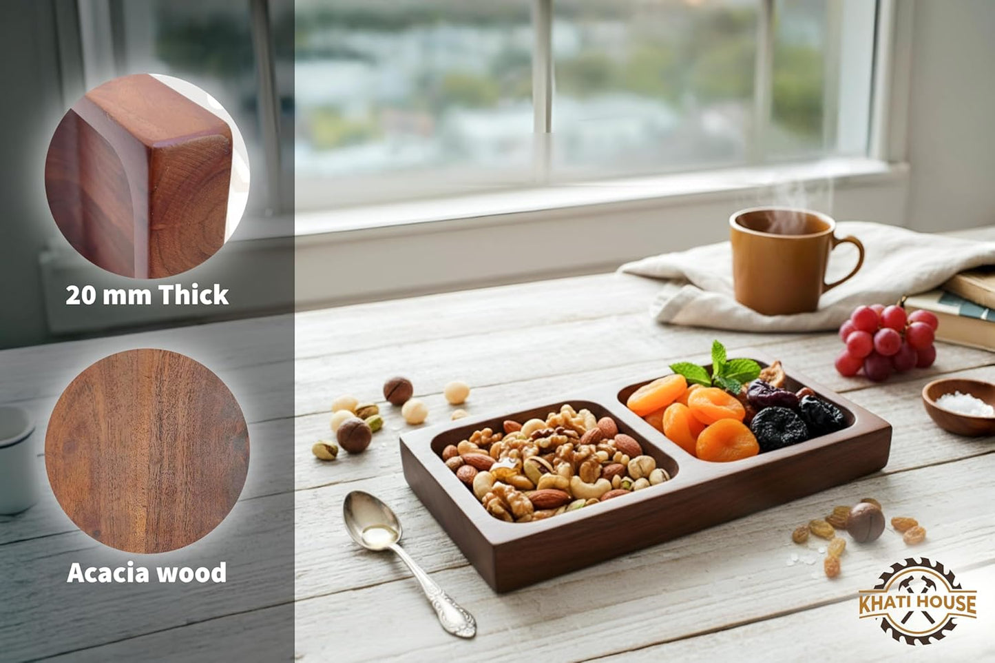 Wooden Dry Fruit Tray | Acacia Wood 2 Section Snack Serving Tray | Nuts, Namkeen, Dips & Appetizer Platter | Small Wooden Serving Plate 22.86 x 12.7 cm