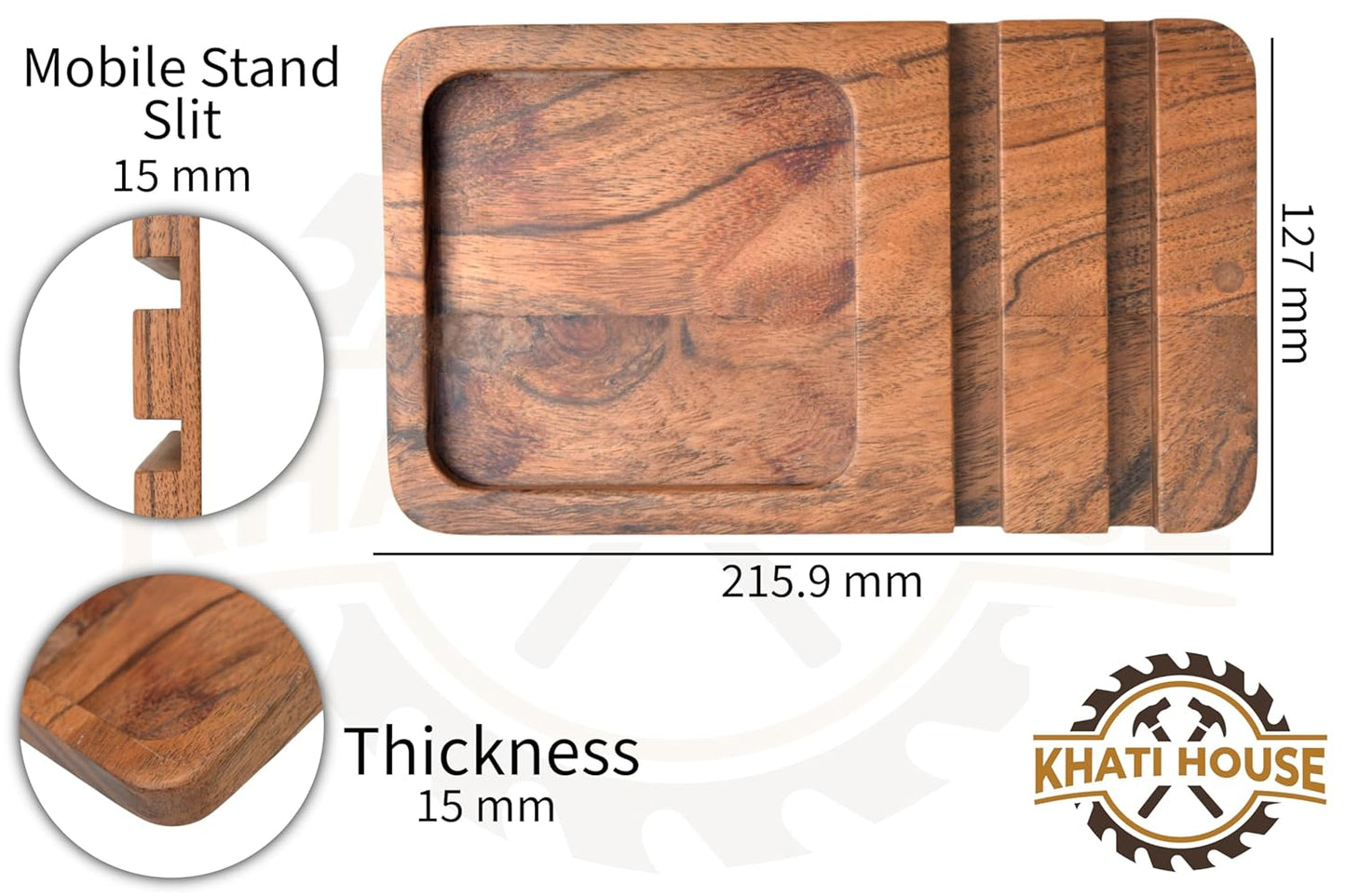 Wooden Desk Organizer with Mobile Stand – Mango Wood Office Desk Organiser Tray for Phone, Keys, Wallet & Accessories | Handcrafted Desktop Storage Holder for Home & Office