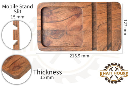 Wooden Desk Organizer with Mobile Stand – Mango Wood Office Desk Organiser Tray for Phone, Keys, Wallet & Accessories | Handcrafted Desktop Storage Holder for Home & Office