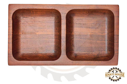 Wooden Dry Fruit Tray | Acacia Wood 2 Section Snack Serving Tray | Nuts, Namkeen, Dips & Appetizer Platter | Small Wooden Serving Plate 22.86 x 12.7 cm