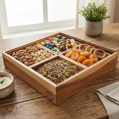 Acacia Wood Snack Serving Tray with 4 Compartments, Wooden Dry Fruit Box Organizer, Multipurpose Sectional Platter for Nuts, Snacks, Mukhwas, Candy | Kitchen Dining Table Organizer