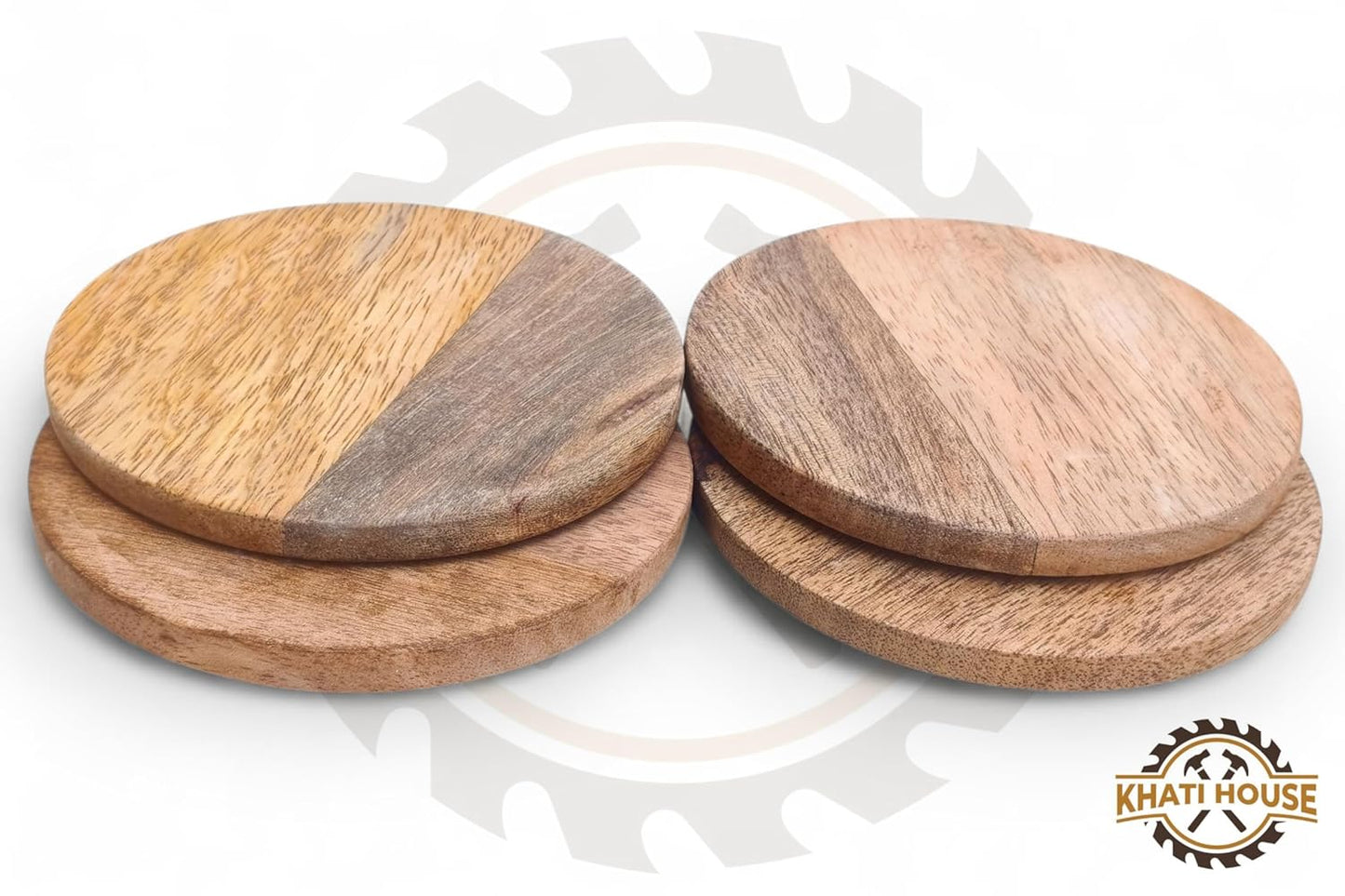 Wooden Tea Coasters Set of 4, Round, 9.5 cm, 5 mm Thick, with Anti-Slip Pads, for Cups, Glasses & Mugs, Table Protection