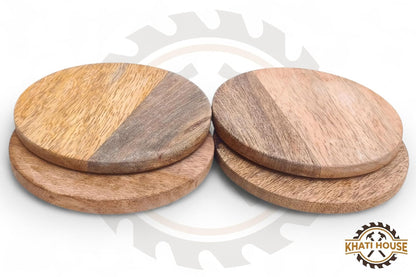 Wooden Tea Coasters Set of 4, Round, 9.5 cm, 5 mm Thick, with Anti-Slip Pads, for Cups, Glasses & Mugs, Table Protection