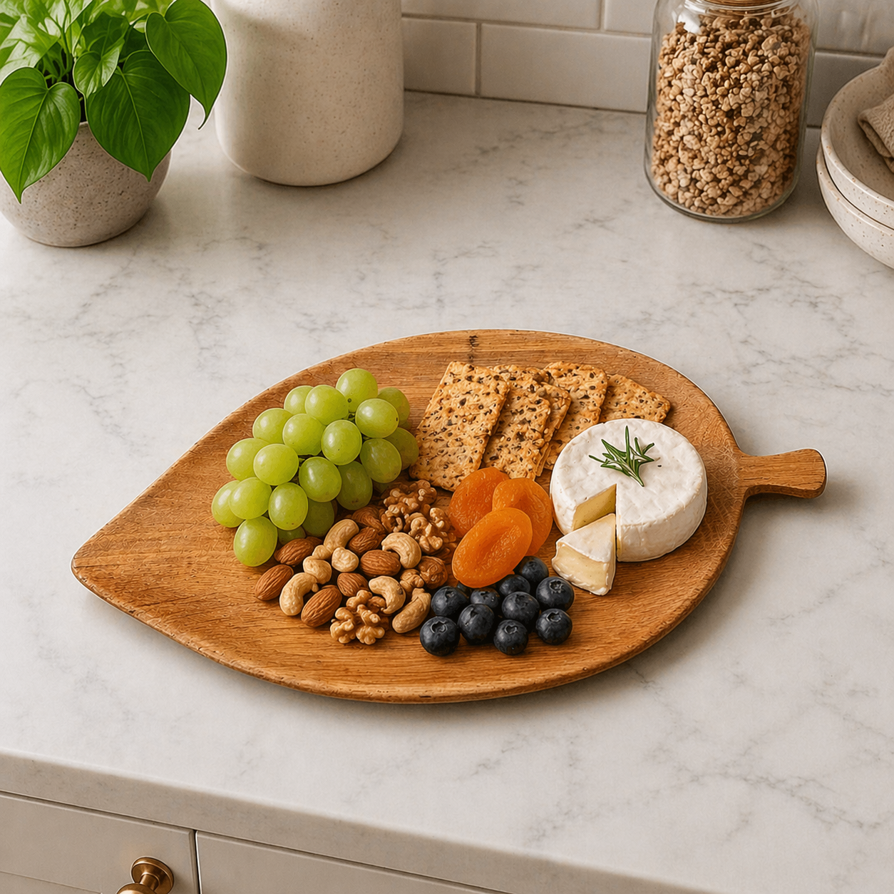 Leaf Shape Wooden Serving Tray with Handle | Food Safe Rustic Serving Board for Bread, Snacks, Kitchen Home Café Use (26.7 × 15.2 × 2 cm)